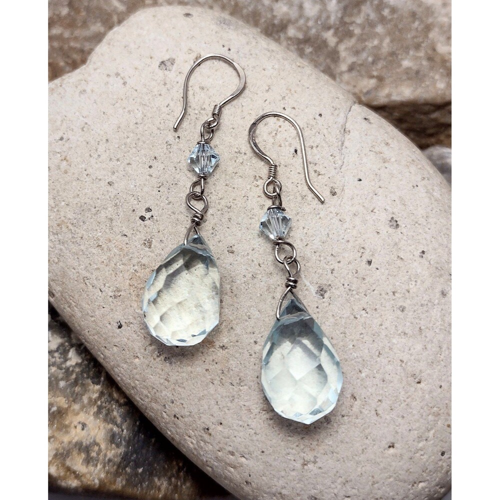 Prasiollite Briolette Sterling Silver Crystal Dangle Earrings